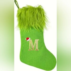 The Grinch Green Knit Christmas Stockings with Initial Embroidered Letter M